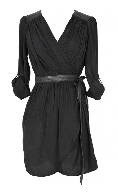 Leatherette Detail Wrap Dress in Black